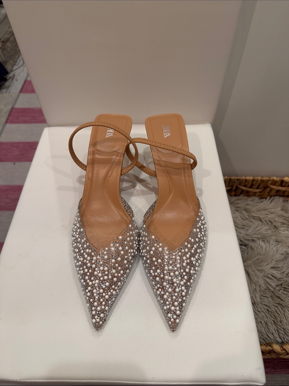 Zara Pearl-Embellished Pointed Slingback Heels in Nude never worn